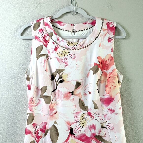 Calvin Klein Sheath Dress Women 12 Pink Floral Pearl Accent Neckline Sleeveless - Picture 2 of 12